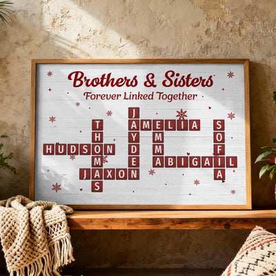 Christmas Brothers & Sisters Forever Linked Together Crossword Puzzle Art - Personalized Poster - Gift For Brothers, Sisters, Siblings, Family