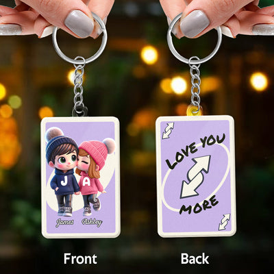 Love You More Game Card Style Cartoon Couple - Personalized Acrylic Keychain - Valentine's Day Gift, Anniversary Gift For Him, For Her