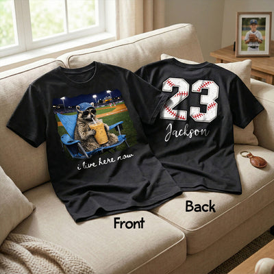 I Live Here Now Raccoon Goose On Ballfield - Personalized Double Sided Shirt - Baseball Softball Grandma Mom