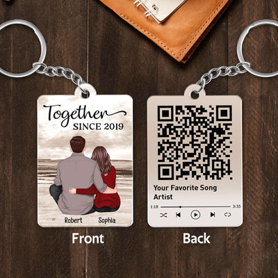 Retro Vintage Couple Sitting At Beach Favorite Song QR Code Personalized Acrylic Keychain